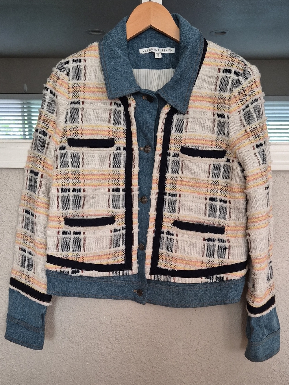 Veronica Beard Santiago Tweed Jacket with Denim Collar and Black Trim Sz. 12